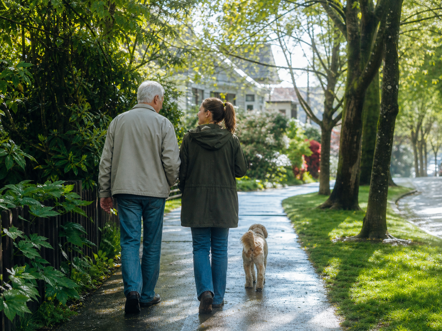 A woman walks a familiar neighborhood path with her father and their dog.