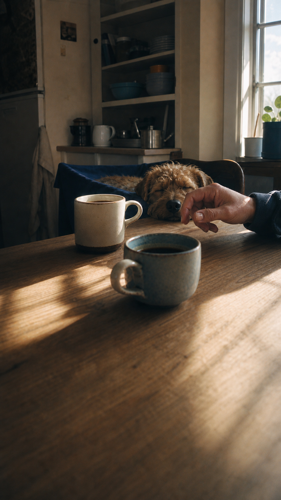 Two cups of coffee in morning light beside a sleeping dog.