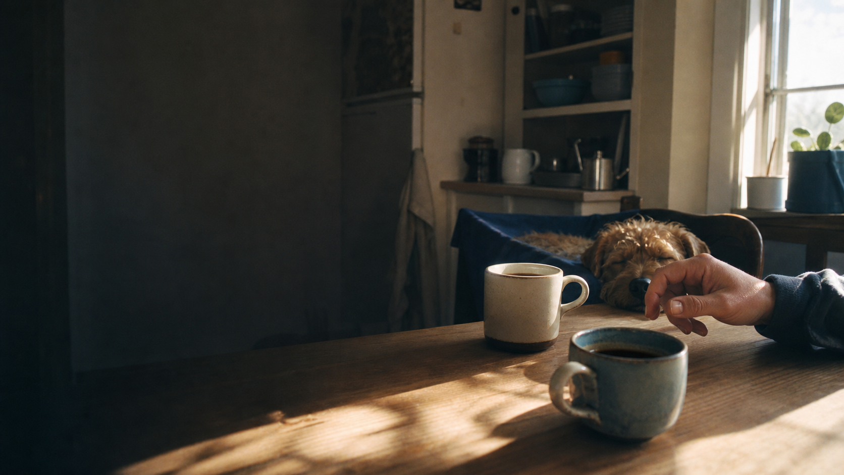 Two cups of coffee in morning light beside a sleeping dog.