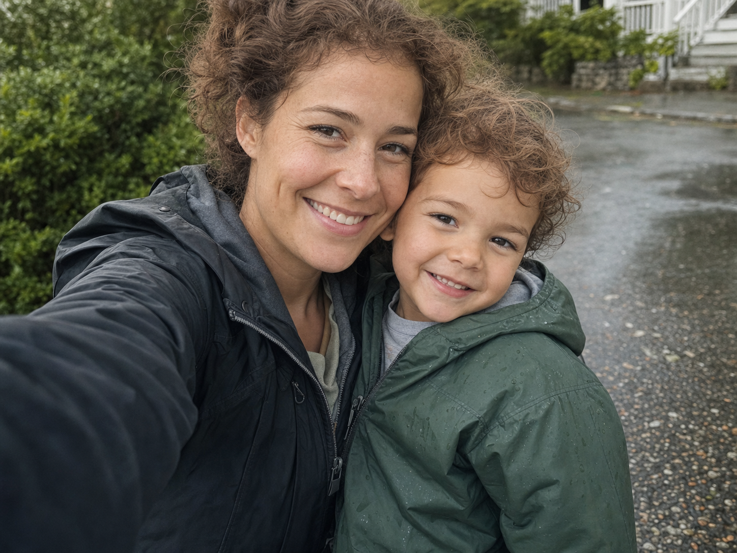 One year later, the child and his mother take a rainy-day selfie together.
